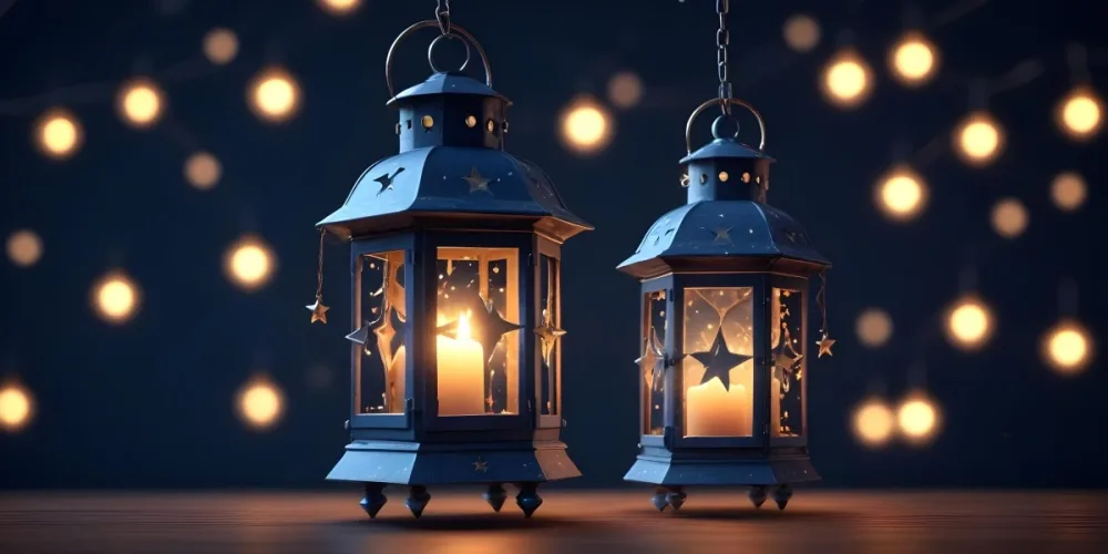 3d Model A Lantern With A Candle Inside Hanging From A Star With Bokeh Lights In A Dark Blue Background Figure Octane Render Volumetric Highly Detailed Videogame Aesthetic 4 0a84