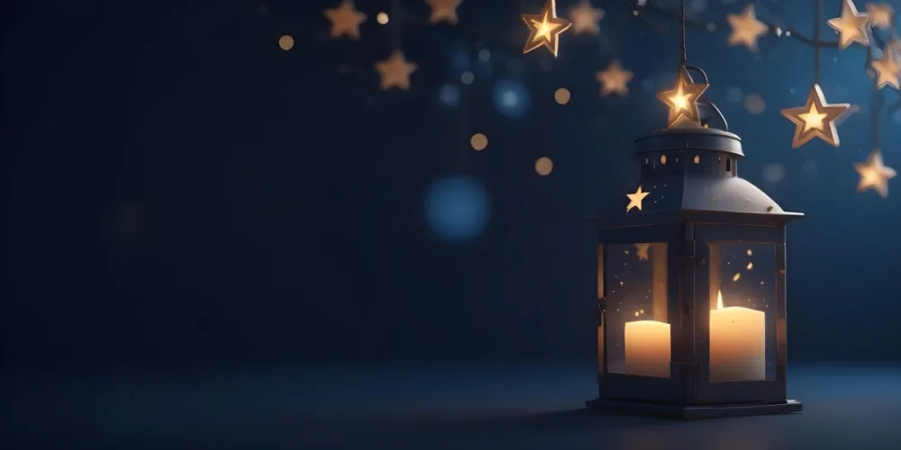 3d Model A Lantern With A Candle Inside Hanging From A Star With Bokeh Lights In A Dark Blue Background Figure Octane Render Volumetric Highly Detailed Videogame Aesthetic 5 841b
