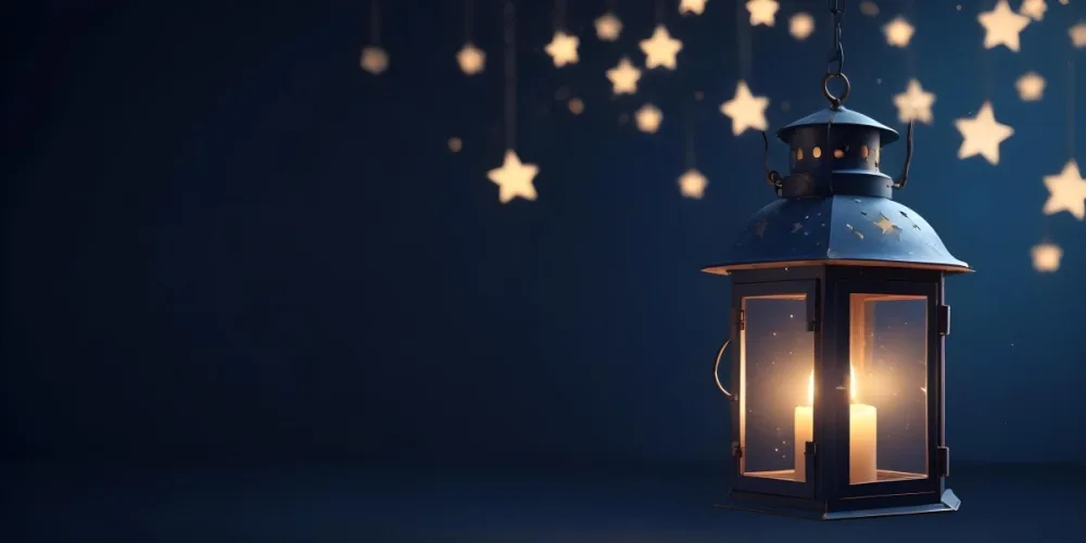 3d Model A Lantern With A Candle Inside Hanging From A Star With Bokeh Lights In A Dark Blue Background Figure Octane Render Volumetric Highly Detailed Videogame Aesthetic 6 E7ef