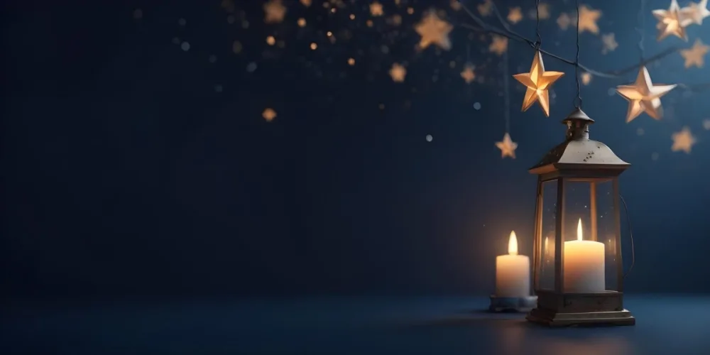 3d Model A Lantern With A Candle Inside Hanging From A Star With Bokeh Lights In A Dark Blue Background Figure Octane Render Volumetric Highly Detailed Videogame Aesthetic 7 F245