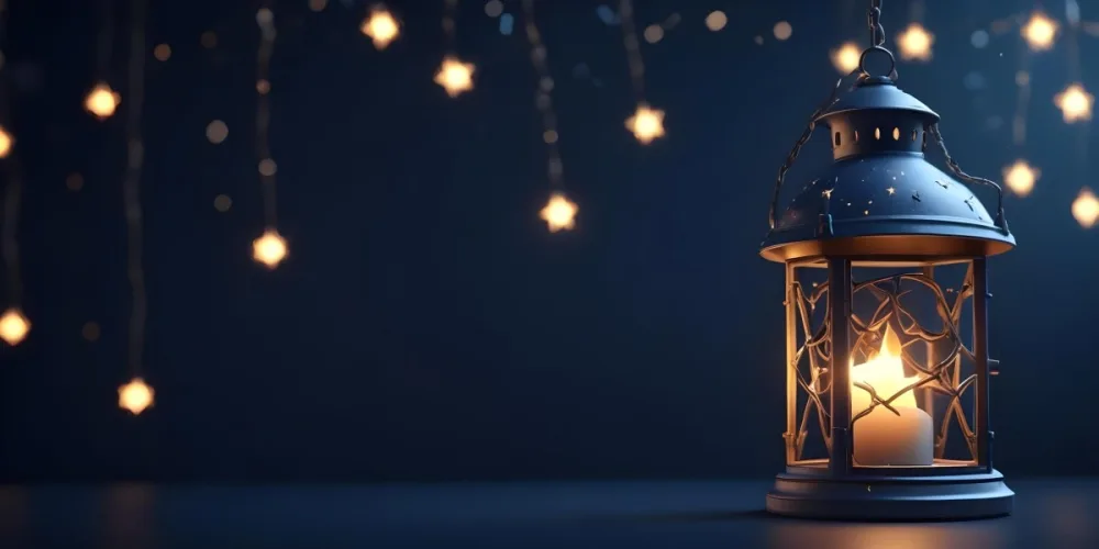 3d Model A Lantern With A Candle Inside Hanging From A Star With Bokeh Lights In A Dark Blue Background Figure Octane Render Volumetric Highly Detailed Videogame Aesthetic 8 84eb