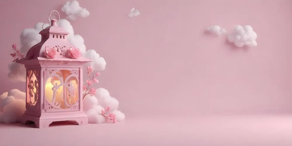3d Model A Pink Lantern With Floral Details And A Candle Inside Surrounded By White Clouds On A Pink Background Figure Octane Render Volumetric Highly Detailed Videogame Aesthetic 17 55fd