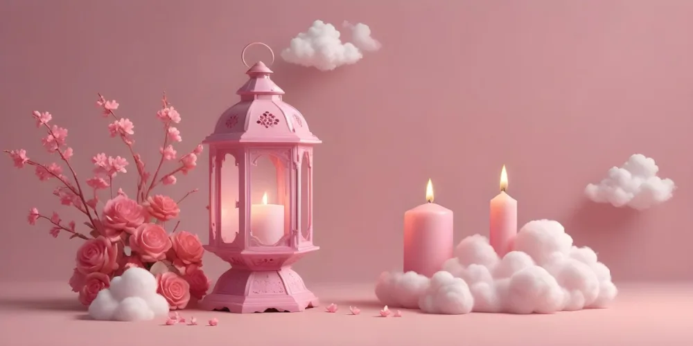 3d Model A Pink Lantern With Floral Details And A Candle Inside Surrounded By White Clouds On A Pink Background Figure Octane Render Volumetric Highly Detailed Videogame Aesthetic 21 9c52
