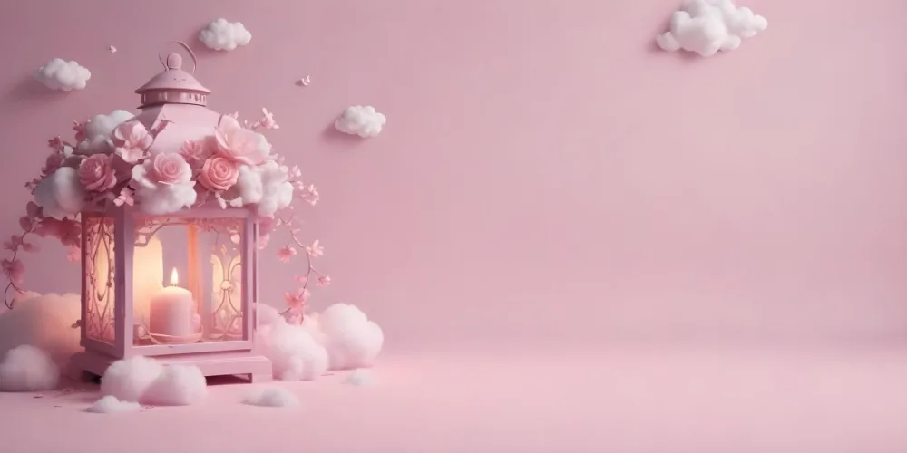 3d Model A Pink Lantern With Floral Details And A Candle Inside Surrounded By White Clouds On A Pink Background Figure Octane Render Volumetric Highly Detailed Videogame Aesthetic 22 A0ef