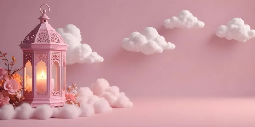 3d Model A Pink Lantern With Floral Details And A Candle Inside Surrounded By White Clouds On A Pink Background Figure Octane Render Volumetric Highly Detailed Videogame Aesthetic 29 886b