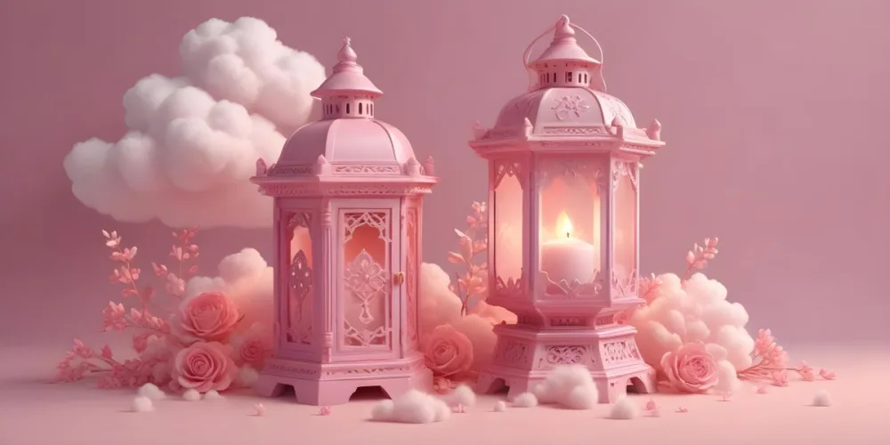 3d Model A Pink Lantern With Floral Details And A Candle Inside Surrounded By White Clouds On A Pink Background Figure Octane Render Volumetric Highly Detailed Videogame Aesthetic 34 9d53