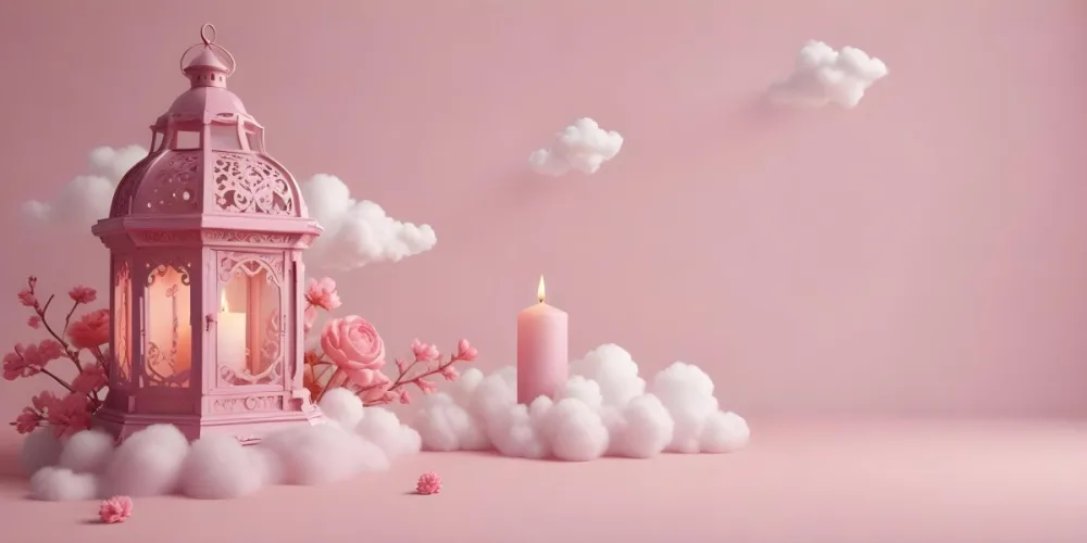 3d Model A Pink Lantern With Floral Details And A Candle Inside Surrounded By White Clouds On A Pink Background Figure Octane Render Volumetric Highly Detailed Videogame Aesthetic 37 B93e