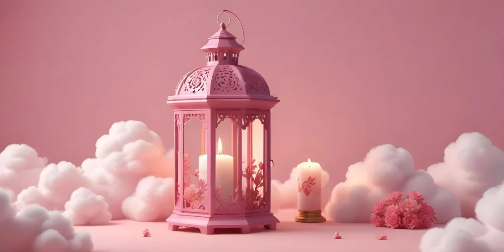 3d Model A Pink Lantern With Floral Details And A Candle Inside Surrounded By White Clouds On A Pink Background Figure Octane Render Volumetric Highly Detailed Videogame Aesthetic 5 D070