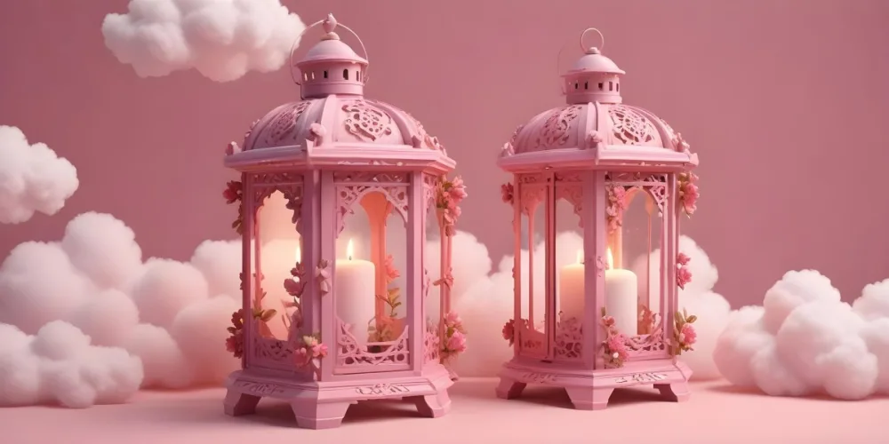 3d Model A Pink Lantern With Floral Details And A Candle Inside Surrounded By White Clouds On A Pink Background Figure Octane Render Volumetric Highly Detailed Videogame Aesthetic 9 C769