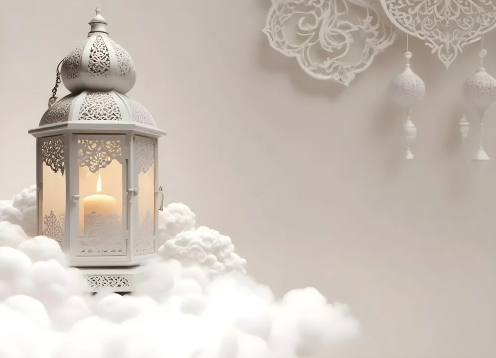 3d Model A White Lantern With Candle On A Cloud White Background With Arabesque Pattern Islamic Design Ramadan Kareem Figure Octane Render Volumetric Highly Detailed Videogame Aesthetic 17 F239