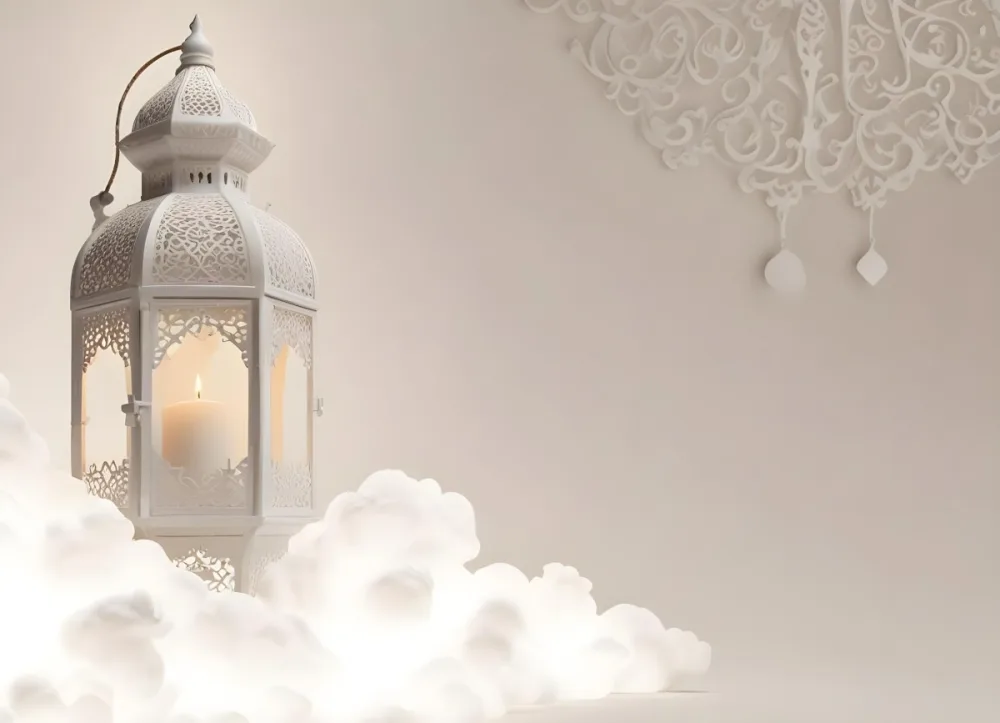 3d Model A White Lantern With Candle On A Cloud White Background With Arabesque Pattern Islamic Design Ramadan Kareem Figure Octane Render Volumetric Highly Detailed Videogame Aesthetic 24 Ede3