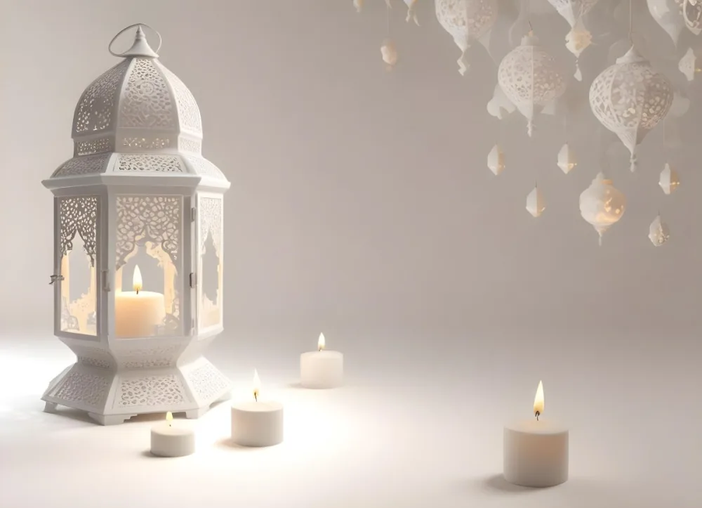 3d Model A White Lantern With Candle On A Cloud White Background With Arabesque Pattern Islamic Design Ramadan Kareem Figure Octane Render Volumetric Highly Detailed Videogame Aesthetic 26 497c