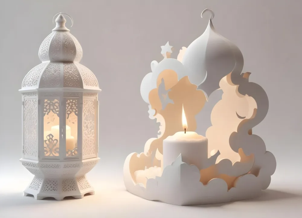 3d Model A White Lantern With Candle On A Cloud White Background With Arabesque Pattern Islamic Design Ramadan Kareem Figure Octane Render Volumetric Highly Detailed Videogame Aesthetic 3 Afdd
