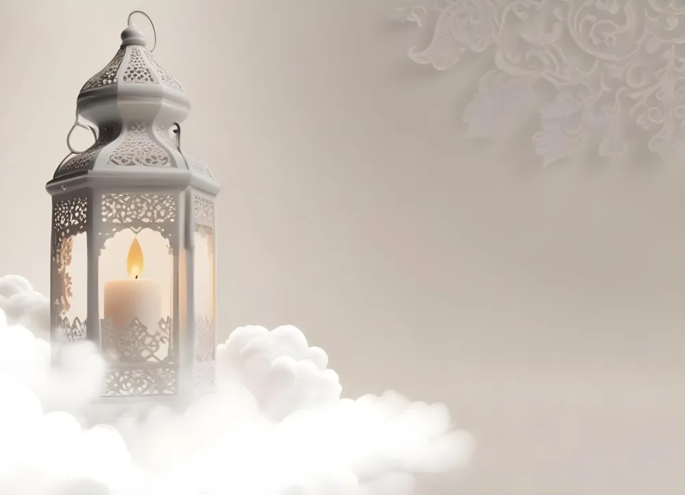 3d Model A White Lantern With Candle On A Cloud White Background With Arabesque Pattern Islamic Design Ramadan Kareem Figure Octane Render Volumetric Highly Detailed Videogame Aesthetic 33 Ddcd