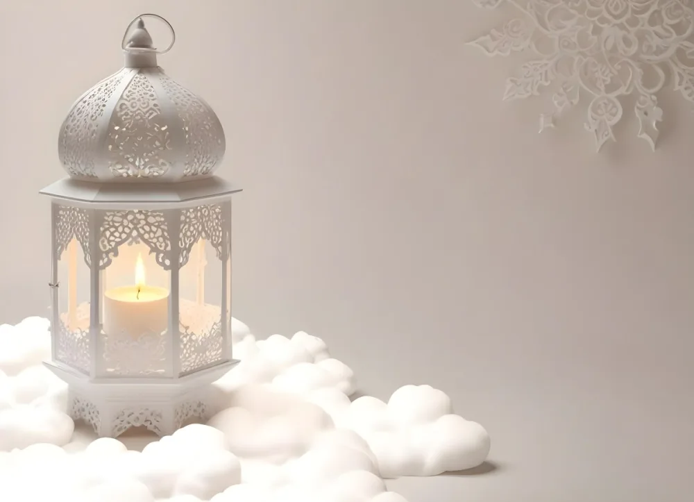 3d Model A White Lantern With Candle On A Cloud White Background With Arabesque Pattern Islamic Design Ramadan Kareem Figure Octane Render Volumetric Highly Detailed Videogame Aesthetic 34 5736