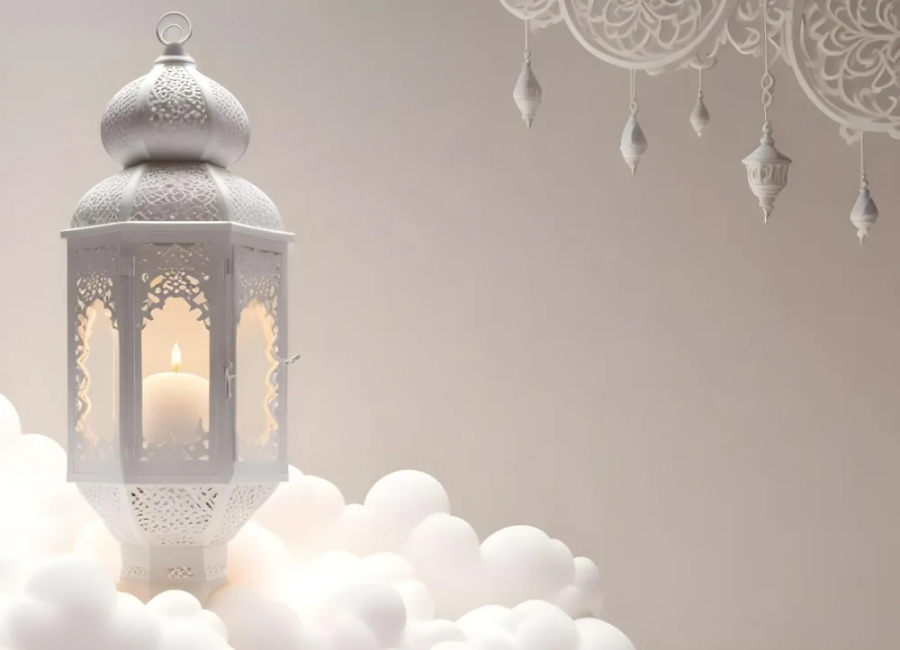 3d Model A White Lantern With Candle On A Cloud White Background With Arabesque Pattern Islamic Design Ramadan Kareem Figure Octane Render Volumetric Highly Detailed Videogame Aesthetic 35 F0f7