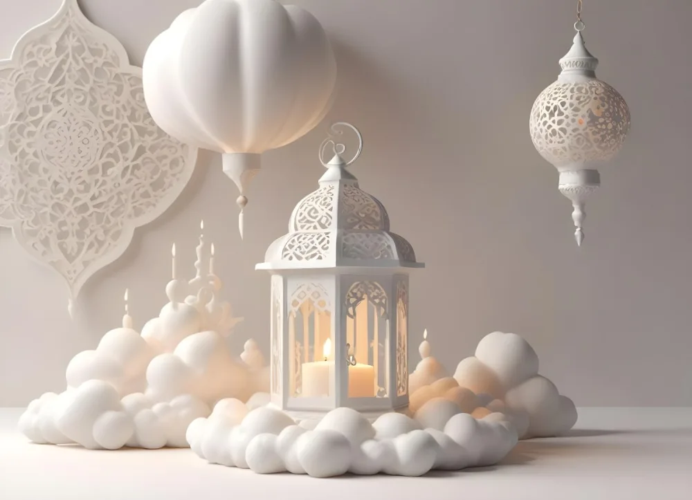 3d Model A White Lantern With Candle On A Cloud White Background With Arabesque Pattern Islamic Design Ramadan Kareem Figure Octane Render Volumetric Highly Detailed Videogame Aesthetic 36 9a61