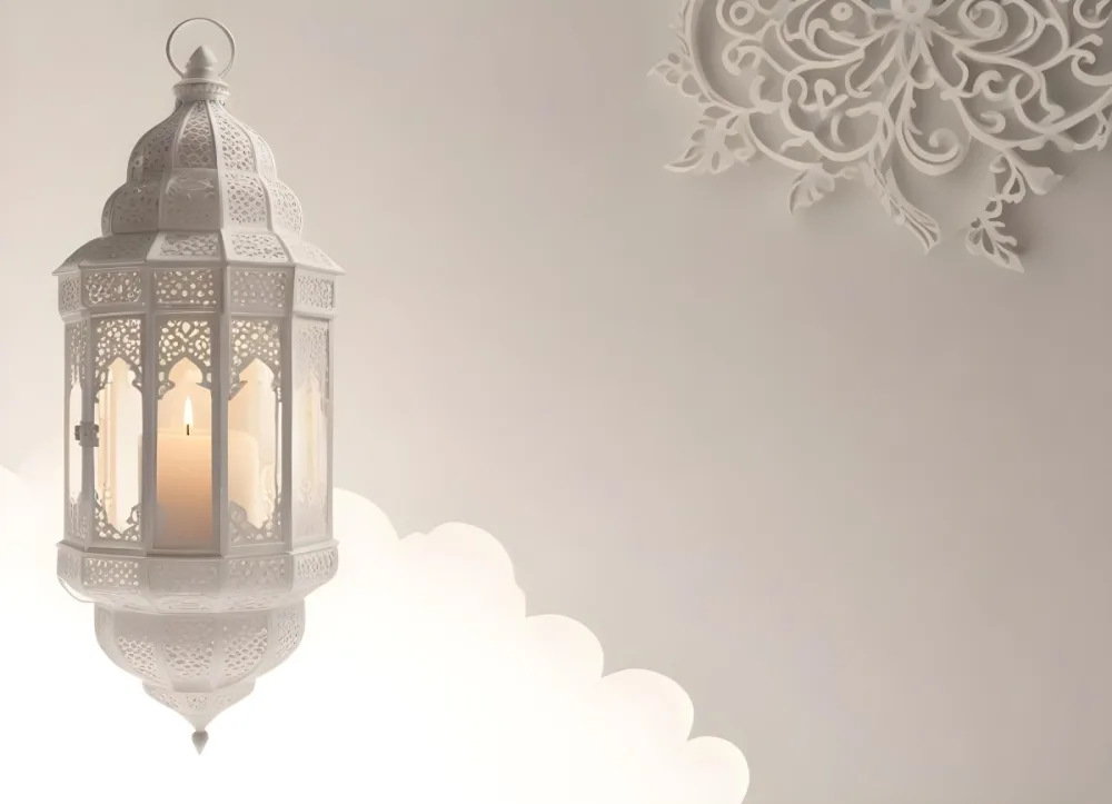 3d Model A White Lantern With Candle On A Cloud White Background With Arabesque Pattern Islamic Design Ramadan Kareem Figure Octane Render Volumetric Highly Detailed Videogame Aesthetic 37 8fcc