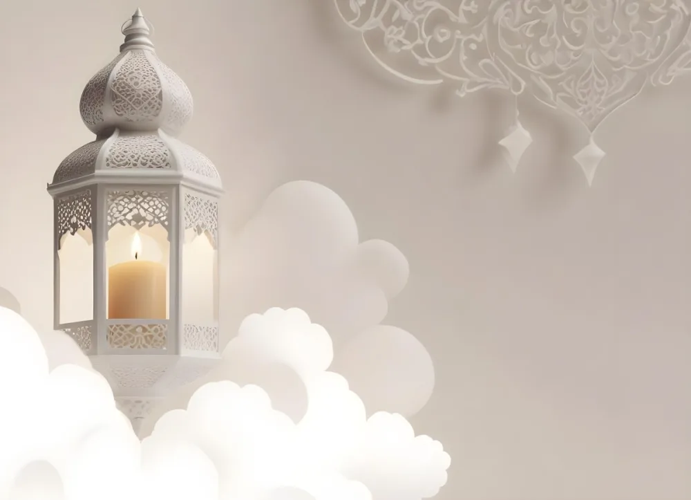 3d Model A White Lantern With Candle On A Cloud White Background With Arabesque Pattern Islamic Design Ramadan Kareem Figure Octane Render Volumetric Highly Detailed Videogame Aesthetic 38 B1dd