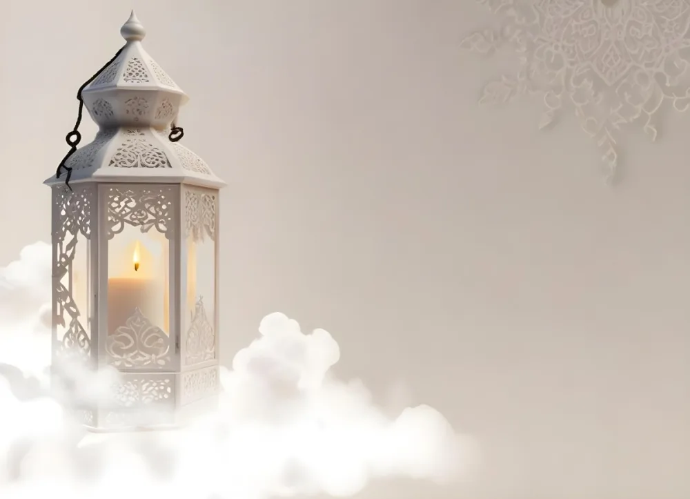 3d Model A White Lantern With Candle On A Cloud White Background With Arabesque Pattern Islamic Design Ramadan Kareem Figure Octane Render Volumetric Highly Detailed Videogame Aesthetic 4 A9b4