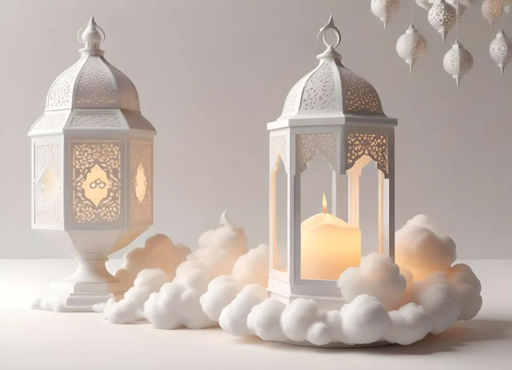 3d Model A White Lantern With Candle On A Cloud White Background With Arabesque Pattern Islamic Design Ramadan Kareem Figure Octane Render Volumetric Highly Detailed Videogame Aesthetic 5 8ea3
