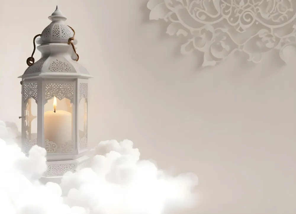 3d Model A White Lantern With Candle On A Cloud White Background With Arabesque Pattern Islamic Design Ramadan Kareem Figure Octane Render Volumetric Highly Detailed Videogame Aesthetic 6 576c