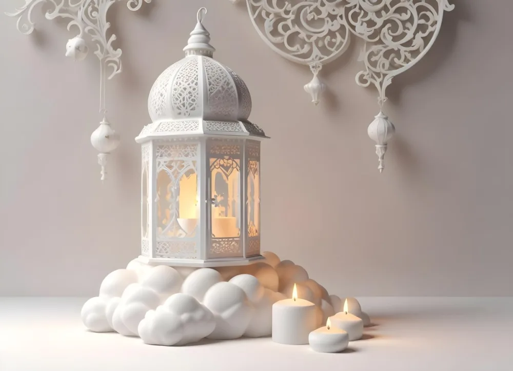 3d Model A White Lantern With Candle On A Cloud White Background With Arabesque Pattern Islamic Design Ramadan Kareem Figure Octane Render Volumetric Highly Detailed Videogame Aesthetic 7 C052