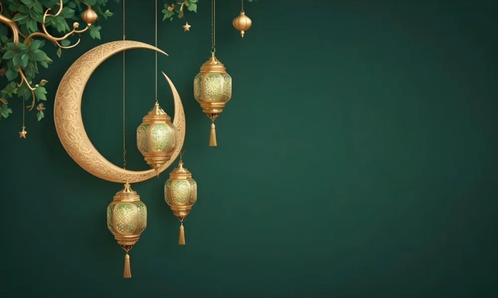 3d Model Golden Crescent Moon And Hanging Ornamental Lanterns With Intricate Geometric Patterns Against A Dark Green Background Evoking A Festive And Elegant Atmosphere Figure Octane Render Volumetric Highly Detail 50 5591