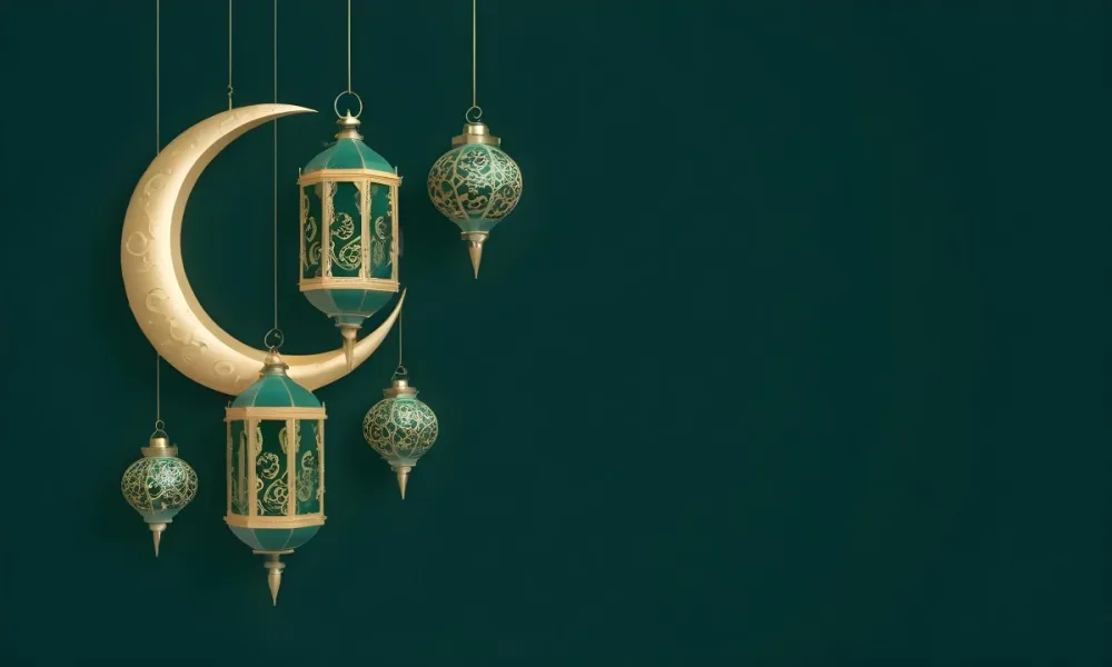 3d Model Golden Crescent Moon And Hanging Ornamental Lanterns With Intricate Geometric Patterns Against A Dark Green Background Evoking A Festive And Elegant Atmosphere Figure Octane Render Volumetric Highly Detail 6 7f4e