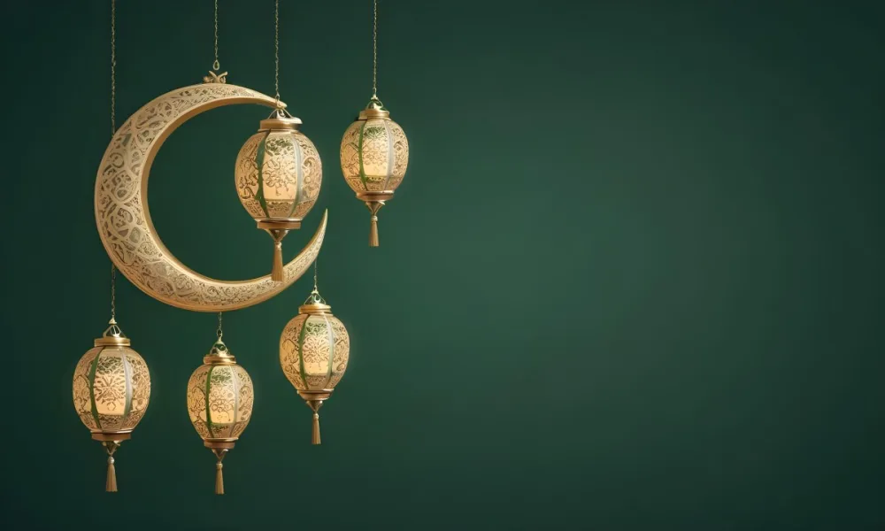 3d Model Golden Crescent Moon And Hanging Ornamental Lanterns With Intricate Geometric Patterns Against A Dark Green Background Evoking A Festive And Elegant Atmosphere Figure Octane Render Volumetric Highly Detail 7 1e62