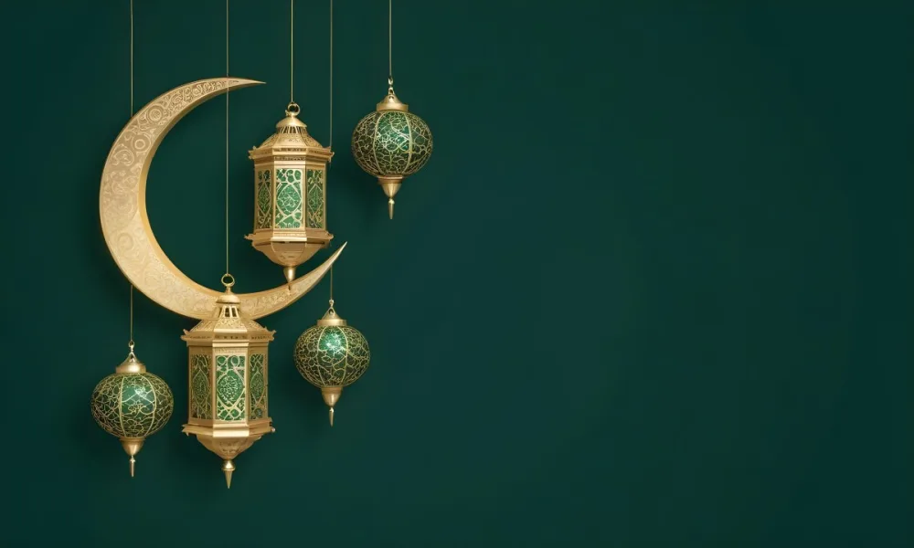 3d Model Golden Crescent Moon And Hanging Ornamental Lanterns With Intricate Geometric Patterns Against A Dark Green Background Evoking A Festive And Elegant Atmosphere Figure Octane Render Volumetric Highly Detail 8 F469