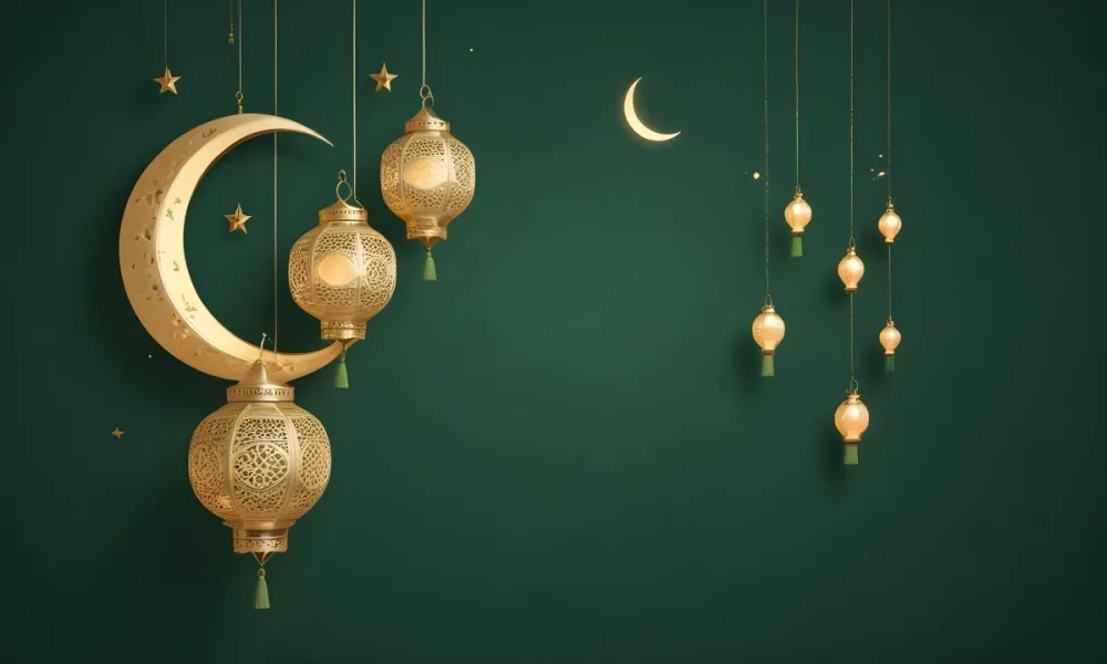 3d Model Golden Crescent Moon And Hanging Ornamental Lanterns With Intricate Geometric Patterns Against A Dark Green Background Evoking A Festive And Elegant Atmosphere Figure Octane Render Volumetric Highly Detail 9 700f