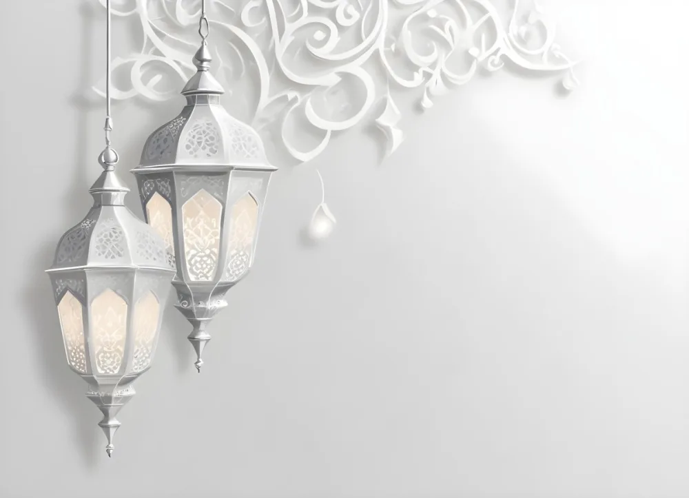 3d Model Three White Arabic Lamps Hanging In Front Of A White Background With An Arabesque Pattern Ramadan Kareem Eid Mubarak Islamic Design Figure Octane Render Volumetric Highly Detailed Videogame Aesthetic 1 34e1