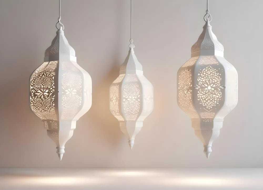 3d Model Three White Arabic Lamps Hanging In Front Of A White Background With An Arabesque Pattern Ramadan Kareem Eid Mubarak Islamic Design Figure Octane Render Volumetric Highly Detailed Videogame Aesthetic 11 4fb3