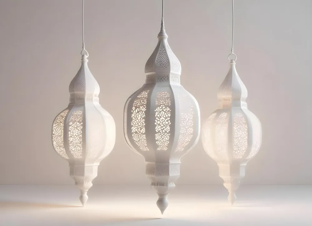 3d Model Three White Arabic Lamps Hanging In Front Of A White Background With An Arabesque Pattern Ramadan Kareem Eid Mubarak Islamic Design Figure Octane Render Volumetric Highly Detailed Videogame Aesthetic 13 06eb