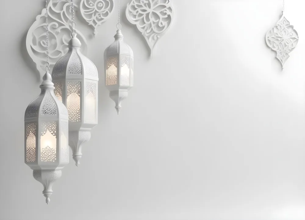 3d Model Three White Arabic Lamps Hanging In Front Of A White Background With An Arabesque Pattern Ramadan Kareem Eid Mubarak Islamic Design Figure Octane Render Volumetric Highly Detailed Videogame Aesthetic 19 0c53