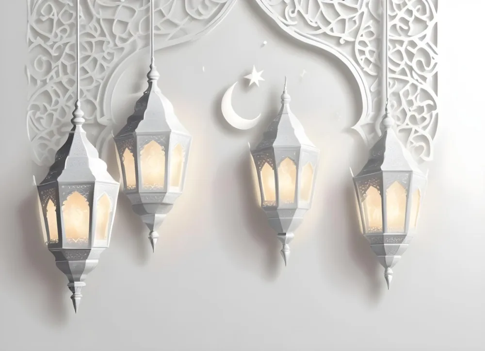 3d Model Three White Arabic Lamps Hanging In Front Of A White Background With An Arabesque Pattern Ramadan Kareem Eid Mubarak Islamic Design Figure Octane Render Volumetric Highly Detailed Videogame Aesthetic 22 24c5