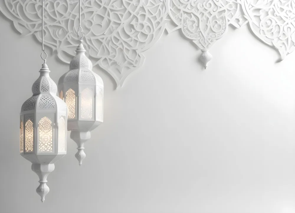 3d Model Three White Arabic Lamps Hanging In Front Of A White Background With An Arabesque Pattern Ramadan Kareem Eid Mubarak Islamic Design Figure Octane Render Volumetric Highly Detailed Videogame Aesthetic 23 3f50