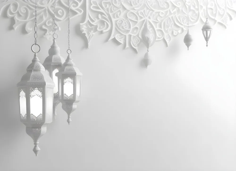 3d Model Three White Arabic Lamps Hanging In Front Of A White Background With An Arabesque Pattern Ramadan Kareem Eid Mubarak Islamic Design Figure Octane Render Volumetric Highly Detailed Videogame Aesthetic 29 B3f6