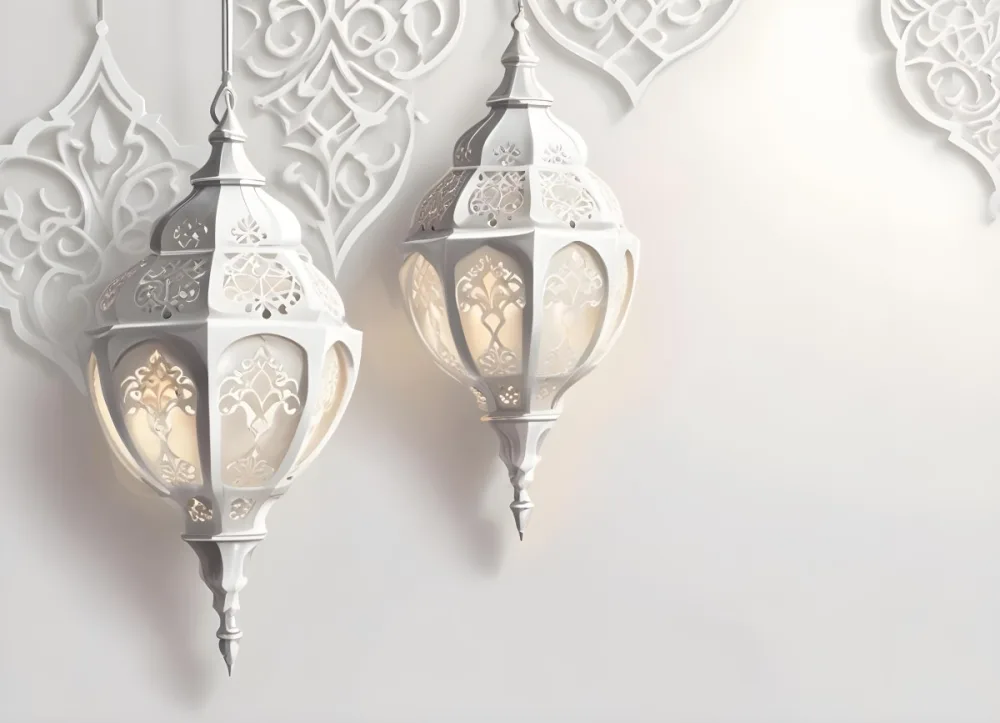 3d Model Three White Arabic Lamps Hanging In Front Of A White Background With An Arabesque Pattern Ramadan Kareem Eid Mubarak Islamic Design Figure Octane Render Volumetric Highly Detailed Videogame Aesthetic 32 0d09