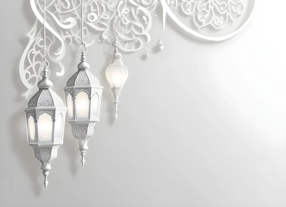 3d Model Three White Arabic Lamps Hanging In Front Of A White Background With An Arabesque Pattern Ramadan Kareem Eid Mubarak Islamic Design Figure Octane Render Volumetric Highly Detailed Videogame Aesthetic 38 Ff54