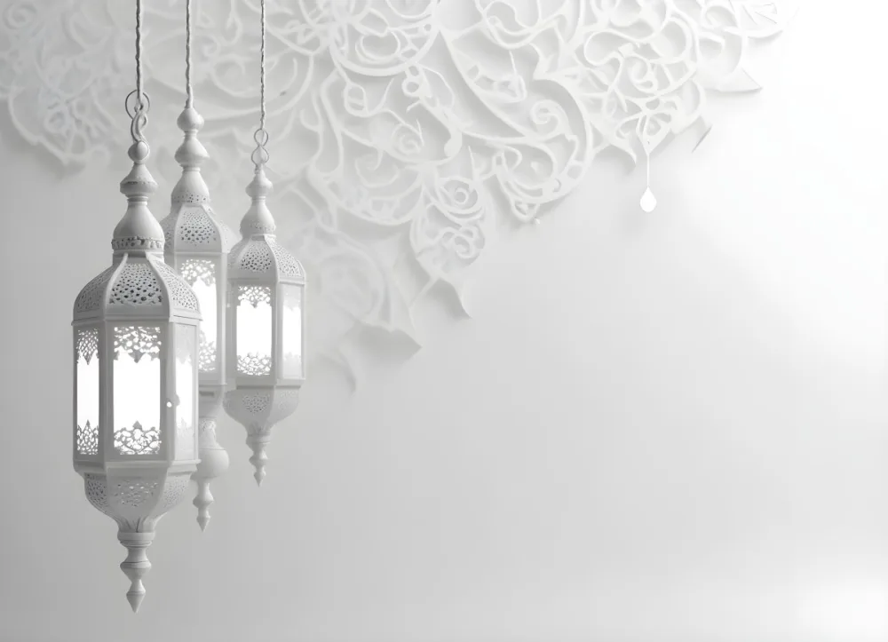 3d Model Three White Arabic Lamps Hanging In Front Of A White Background With An Arabesque Pattern Ramadan Kareem Eid Mubarak Islamic Design Figure Octane Render Volumetric Highly Detailed Videogame Aesthetic 39 Caa5