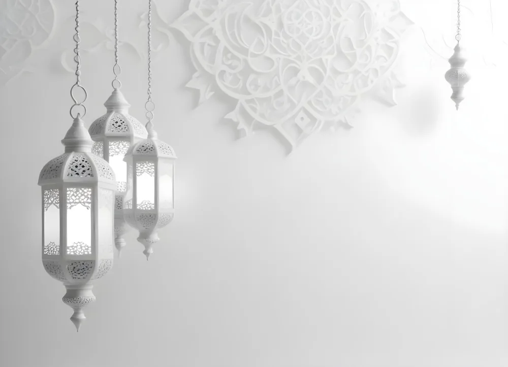 3d Model Three White Arabic Lamps Hanging In Front Of A White Background With An Arabesque Pattern Ramadan Kareem Eid Mubarak Islamic Design Figure Octane Render Volumetric Highly Detailed Videogame Aesthetic 4 B8b5