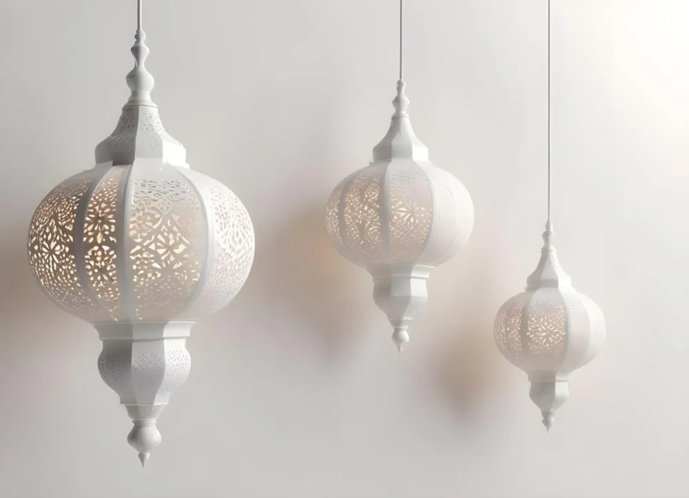 3d Model Three White Arabic Lamps Hanging In Front Of A White Background With An Arabesque Pattern Ramadan Kareem Eid Mubarak Islamic Design Figure Octane Render Volumetric Highly Detailed Videogame Aesthetic 41 D925