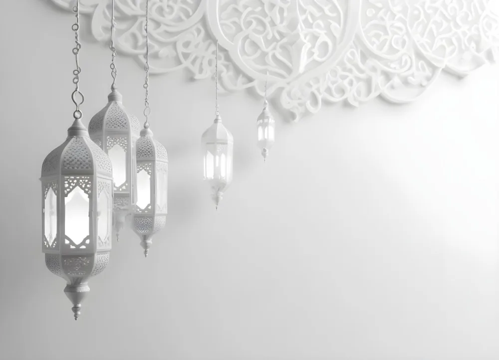 3d Model Three White Arabic Lamps Hanging In Front Of A White Background With An Arabesque Pattern Ramadan Kareem Eid Mubarak Islamic Design Figure Octane Render Volumetric Highly Detailed Videogame Aesthetic 44 1477