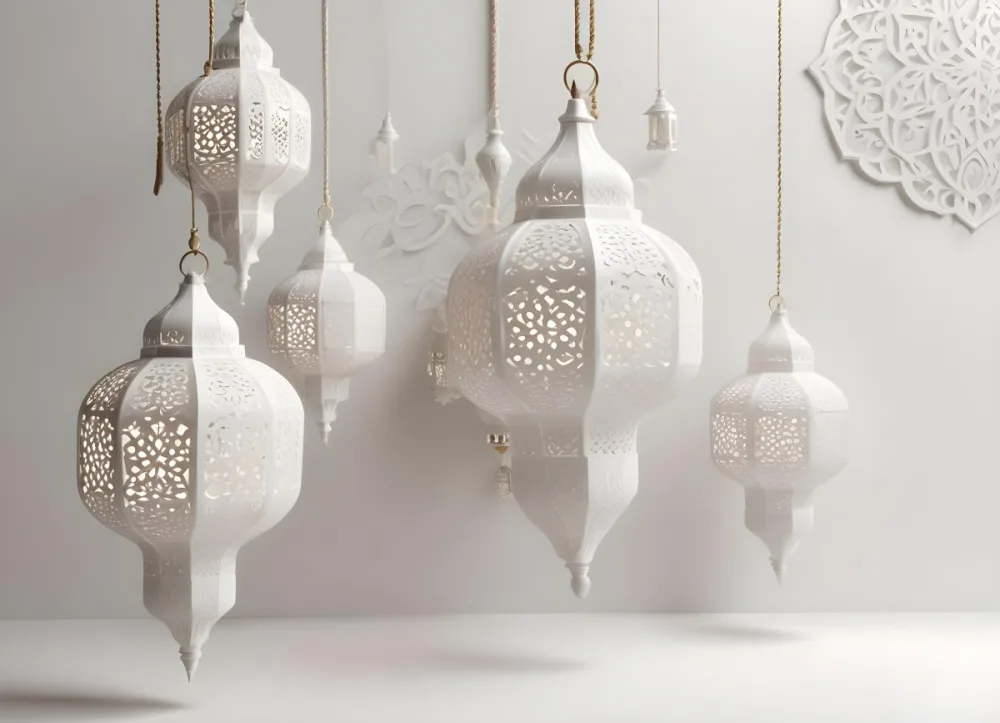 3d Model Three White Arabic Lamps Hanging In Front Of A White Background With An Arabesque Pattern Ramadan Kareem Eid Mubarak Islamic Design Figure Octane Render Volumetric Highly Detailed Videogame Aesthetic 6 8715