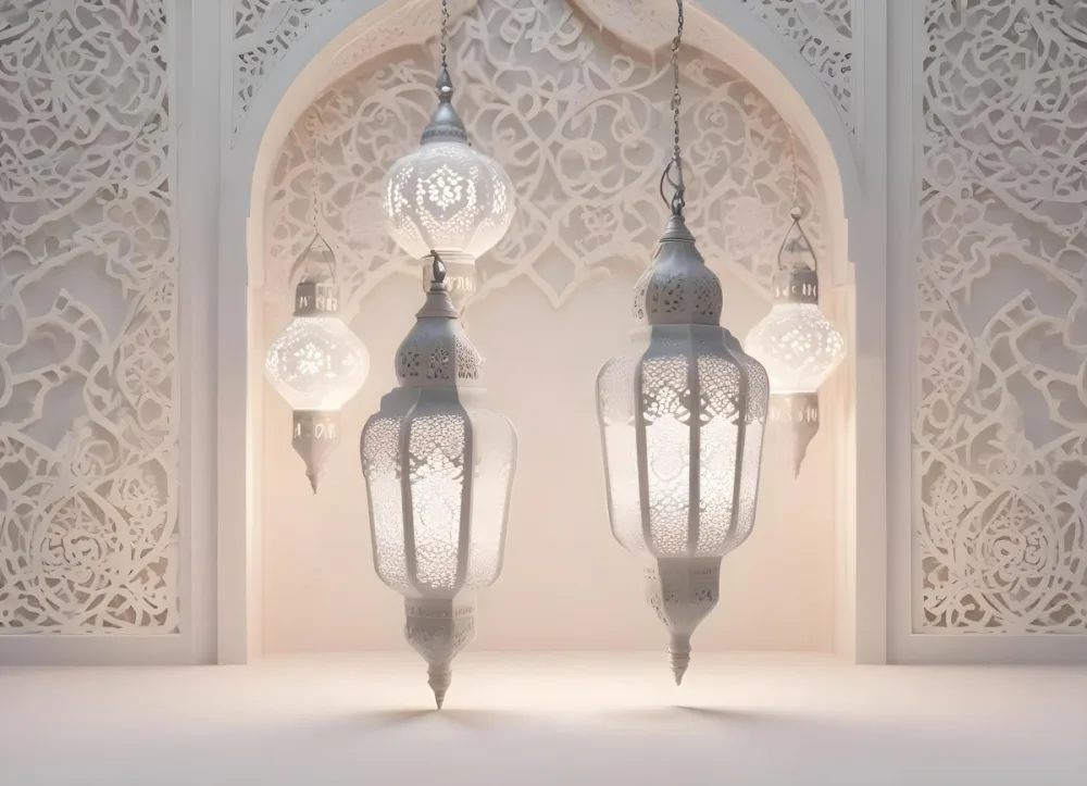 3d Model Three White Arabic Lamps Hanging In Front Of A White Background With An Arabesque Pattern Ramadan Kareem Eid Mubarak Islamic Design Figure Octane Render Volumetric Highly Detailed Videogame Aesthetic 7 1a6e