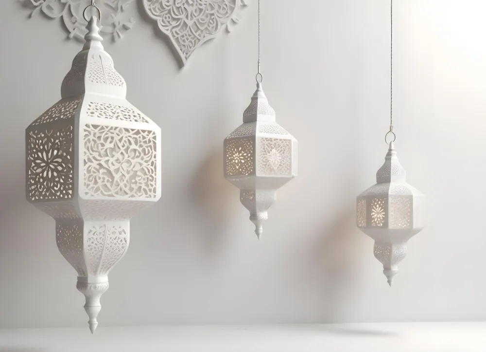 3d Model Three White Arabic Lamps Hanging In Front Of A White Background With An Arabesque Pattern Ramadan Kareem Eid Mubarak Islamic Design Figure Octane Render Volumetric Highly Detailed Videogame Aesthetic 8 B6e3