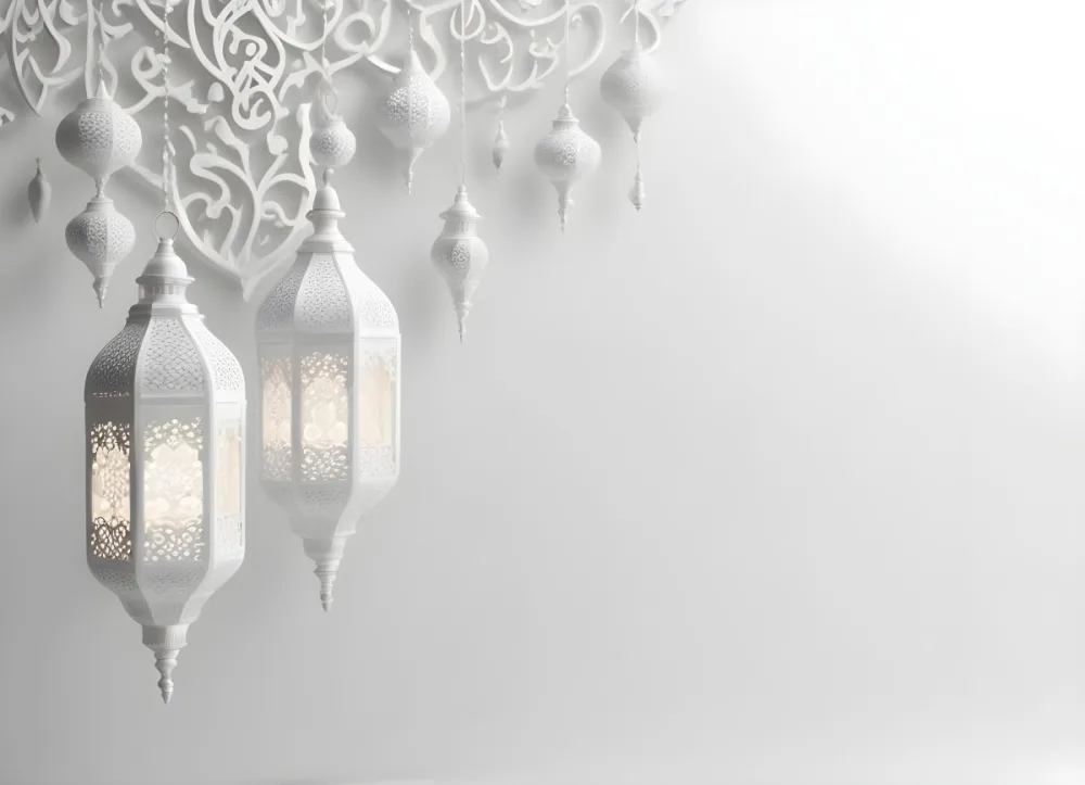 3d Model Three White Arabic Lamps Hanging In Front Of A White Background With An Arabesque Pattern Ramadan Kareem Eid Mubarak Islamic Design Figure Octane Render Volumetric Highly Detailed Videogame Aesthetic 9 6311