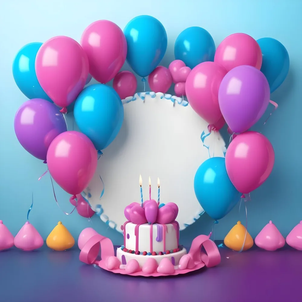 A Birthday Cake With Blue Ribbon And Balloons In A Blue Background 14 0b26